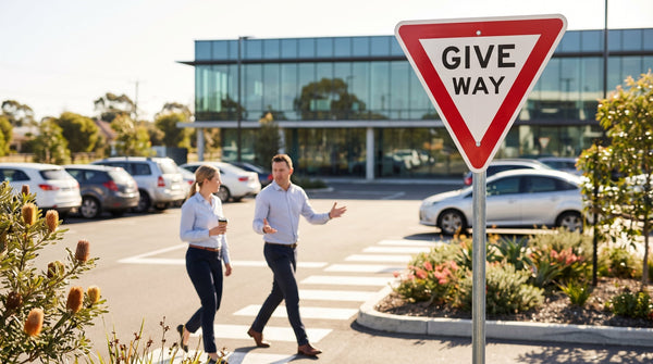 Australian commercial car park with speed limit, give way and pedestrian traffic signs