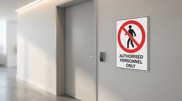 Authorised Personnel Only prohibition sign mounted beside a commercial door with card access reader in Australian workplace