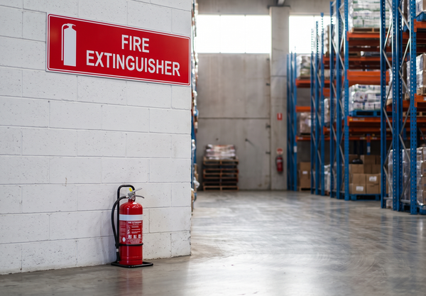 Red Fire Extinguisher location sign mounted high on a warehouse wall above a floor-standing extinguisher