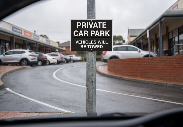 Private Car Park Vehicles Will Be Towed sign at the entrance to an Australian shopping strip car park
