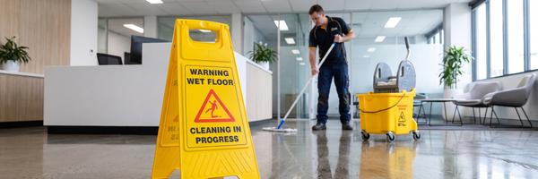 Yellow A-frame WARNING WET FLOOR sign with slip pictogram in an office foyer, cleaner mopping behind