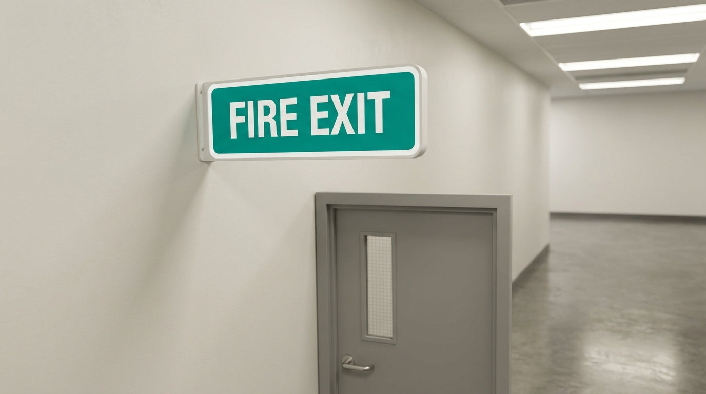 Green Fire Exit sign with white text mounted above a grey commercial door in an Australian workplace corridor