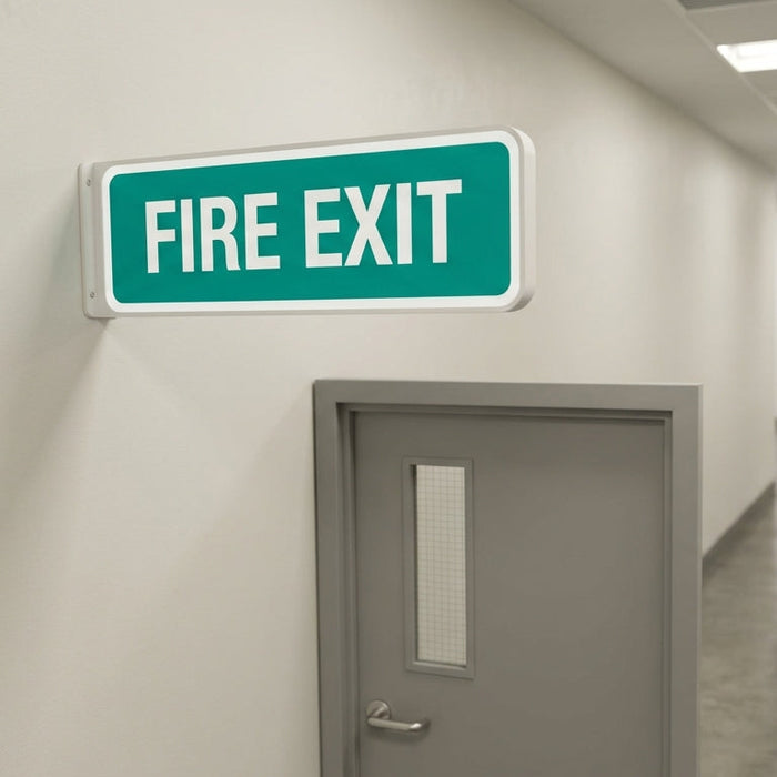 Green Fire Exit sign with white text mounted above a grey commercial door in an Australian workplace corridor