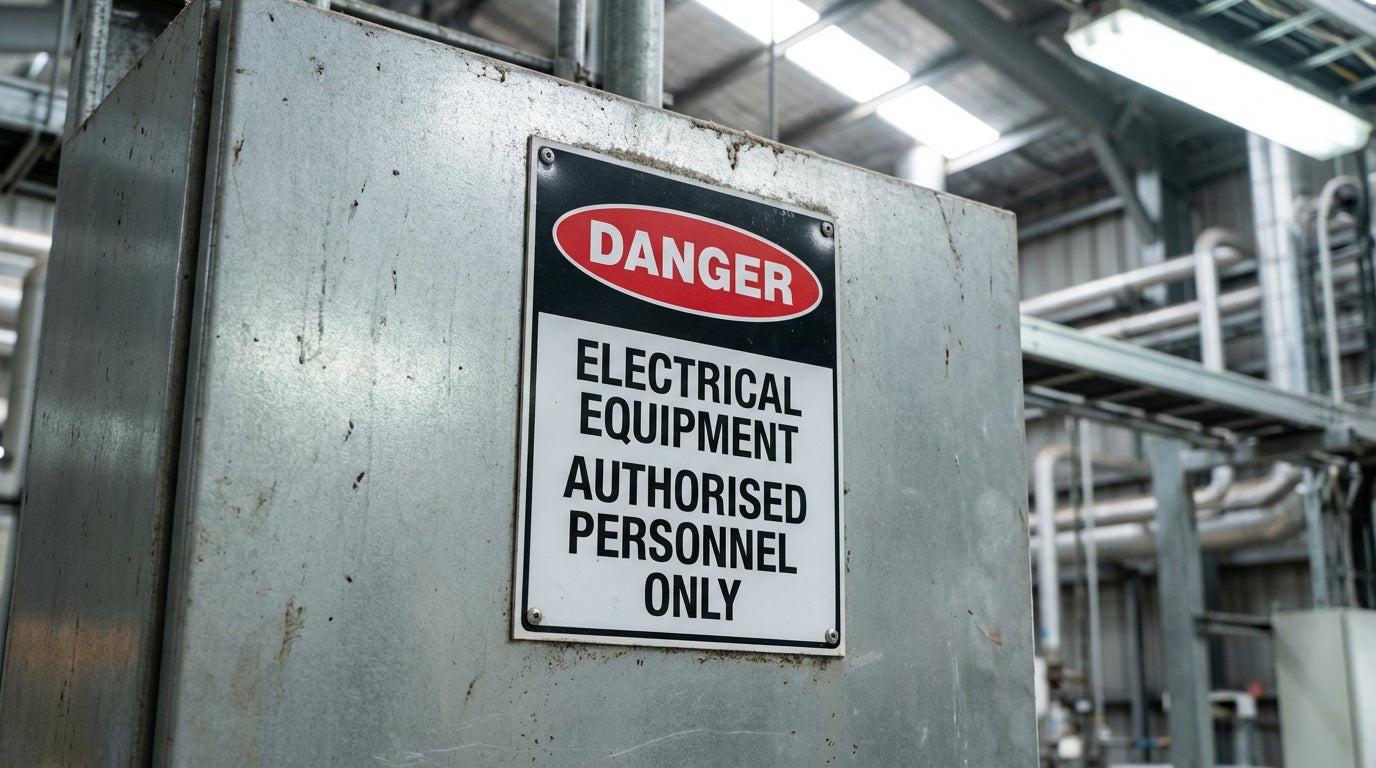 Danger Electrical Equipment Authorised Personnel Only sign with red oval on black background mounted on grey metal switchboard in industrial facility