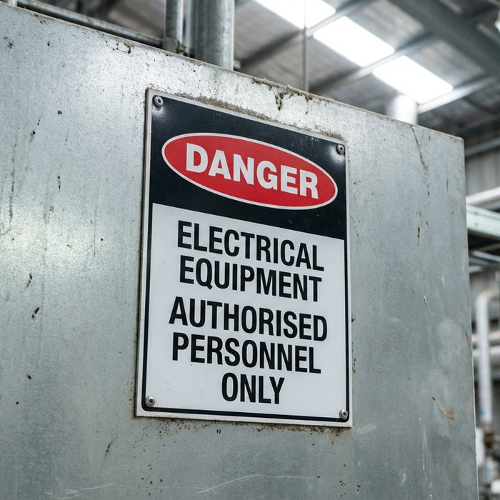 Danger Electrical Equipment Authorised Personnel Only sign with red oval on black background mounted on grey metal switchboard in industrial facility