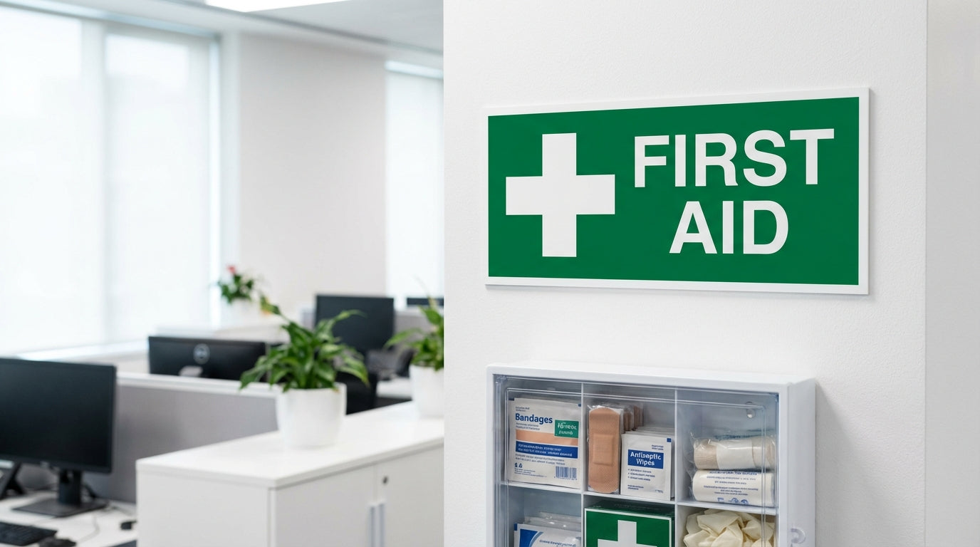 Green and white First Aid sign with white cross symbol mounted on wall above first aid kit in Australian office