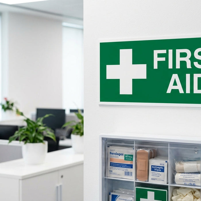 Green and white First Aid sign with white cross symbol mounted on wall above first aid kit in Australian office