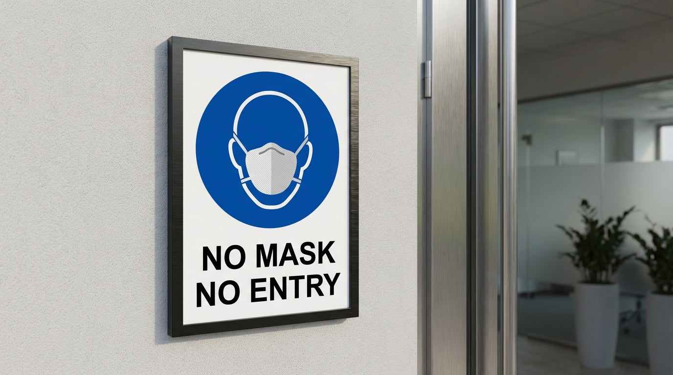 No Mask No Entry mandatory sign with front-facing head wearing dust mask inside blue circle, mounted on office wall
