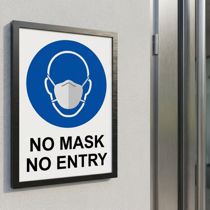 No Mask No Entry mandatory sign with front-facing head wearing dust mask inside blue circle, mounted on office wall