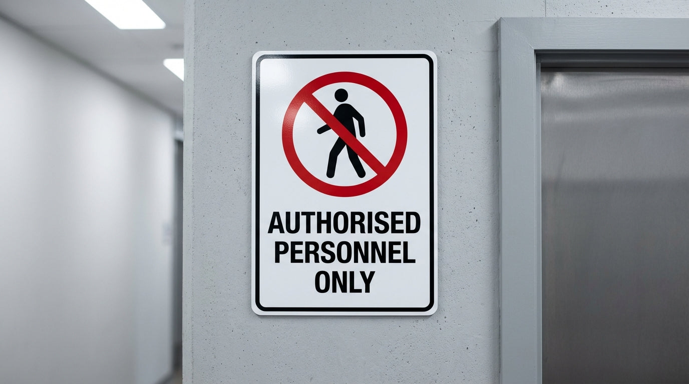 Authorised Personnel Only prohibition sign with black walking man pictogram inside red circle and slash, mounted beside grey door in commercial corridor
