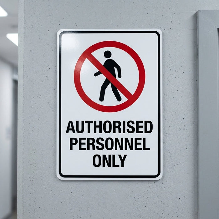 Authorised Personnel Only prohibition sign with black walking man pictogram inside red circle and slash, mounted beside grey door in commercial corridor