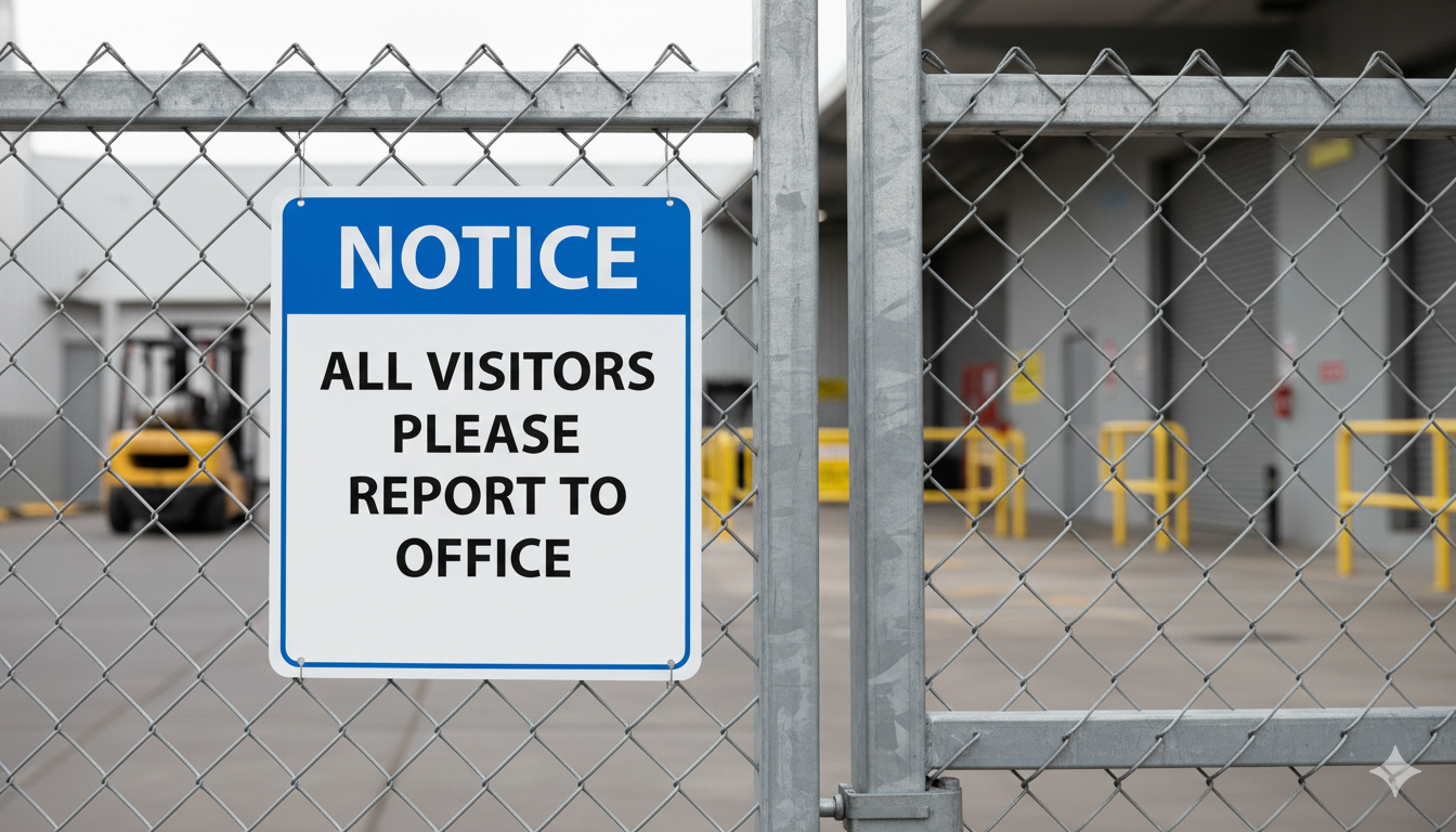 All Visitors Please Report to Office Notice Sign - blue and white signage mounted on industrial gate entrance