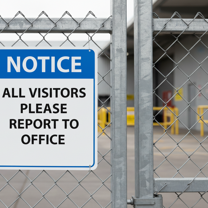 All Visitors Please Report to Office Notice Sign - blue and white signage mounted on industrial gate entrance