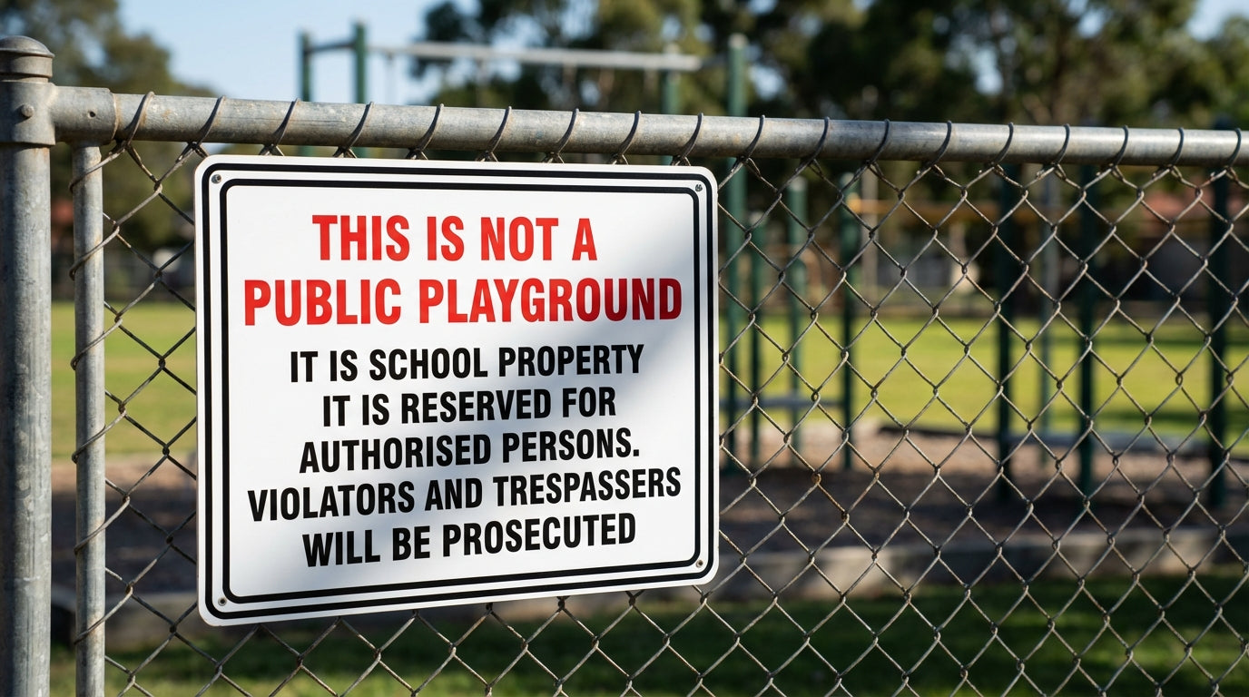 This Is Not A Public Playground school property sign with red and black text mounted on chain-link fence at Australian school