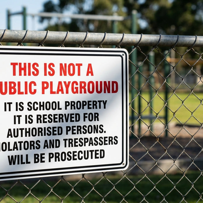 This Is Not A Public Playground school property sign with red and black text mounted on chain-link fence at Australian school
