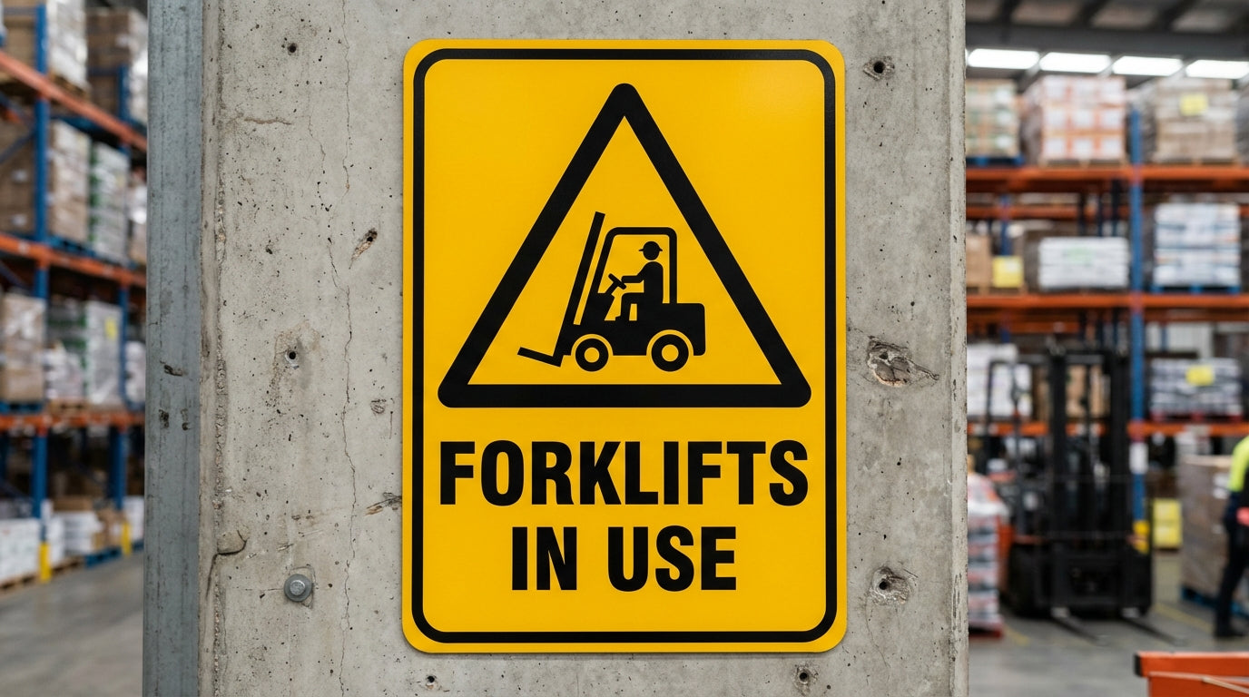 Yellow Forklifts In Use warning sign with black triangle and forklift pictogram mounted on concrete column in Australian warehouse