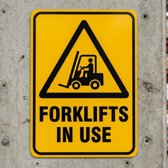 Yellow Forklifts In Use warning sign with black triangle and forklift pictogram mounted on concrete column in Australian warehouse