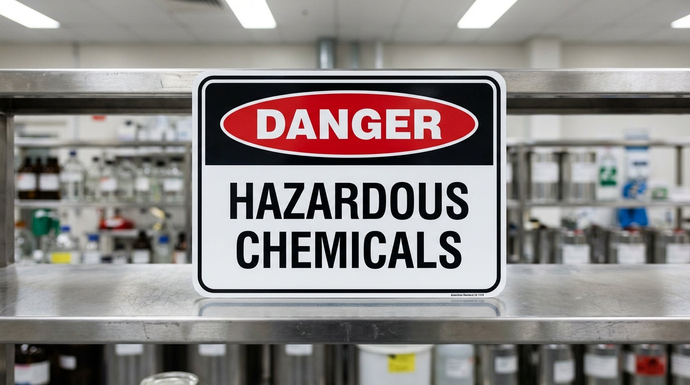 Danger Hazardous Chemicals sign with red oval on black header and bold black text on white background in chemical storage laboratory