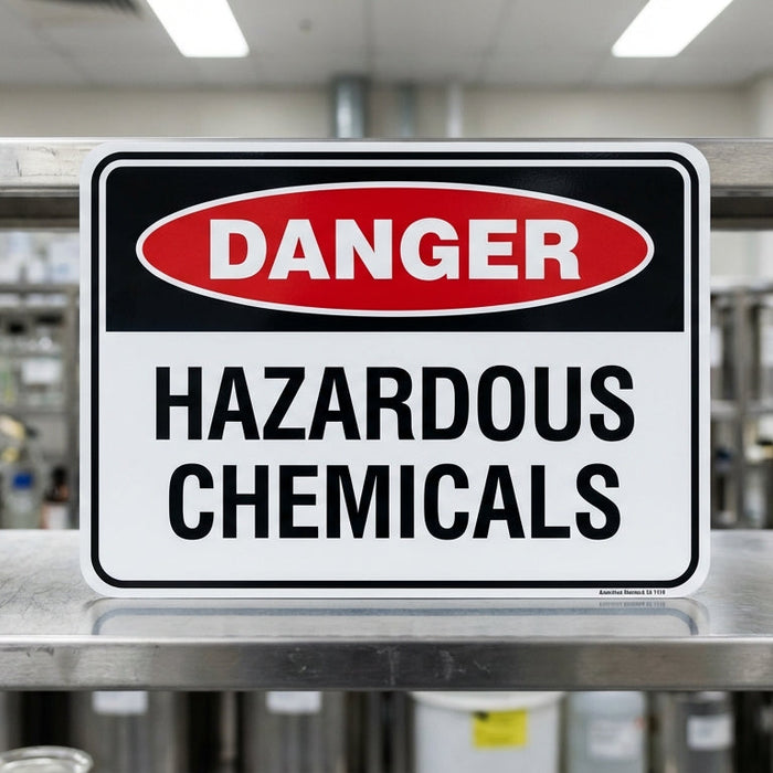 Danger Hazardous Chemicals sign with red oval on black header and bold black text on white background in chemical storage laboratory
