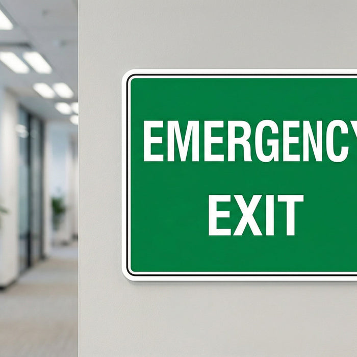 Green This Door For Emergency Exit Only sign with white text mounted on grey wall in Australian office corridor