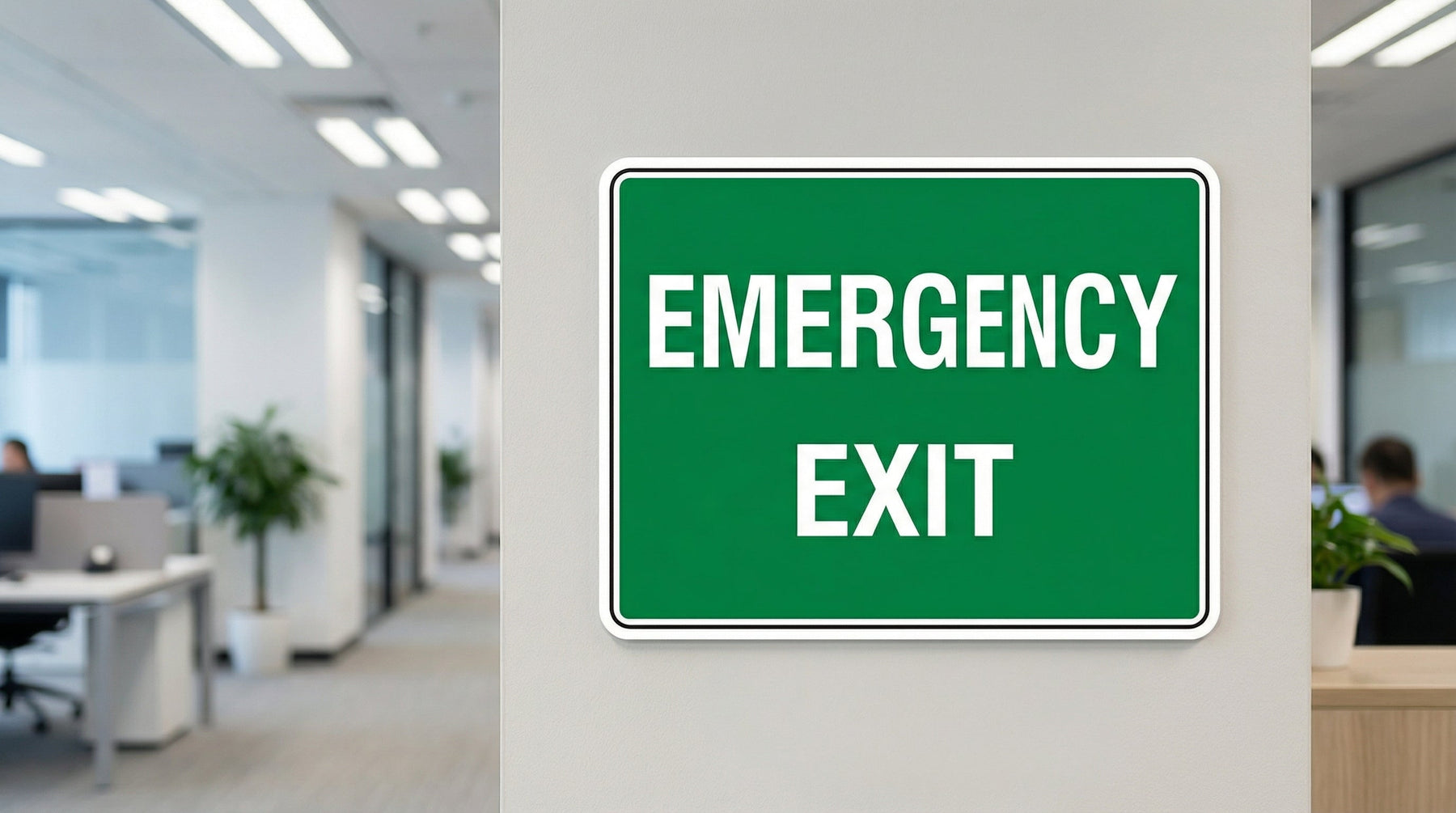 Green This Door For Emergency Exit Only sign with white text mounted on grey wall in Australian office corridor