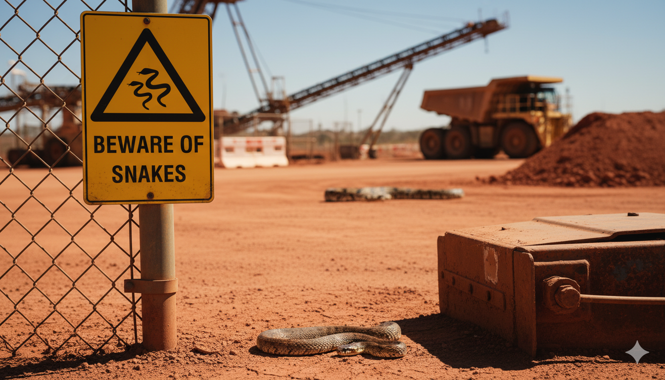 Beware of snakes safety sign mounted in mining site workplace showing professional installation