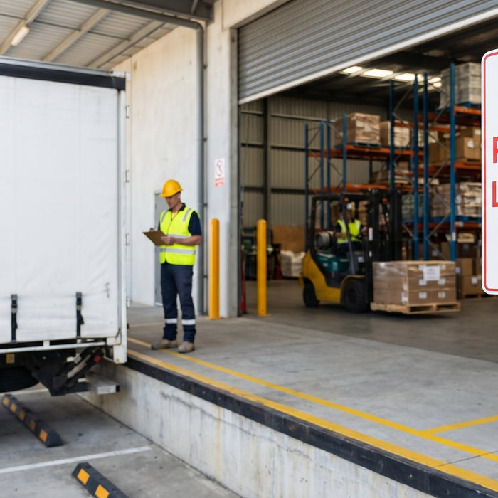 Australian warehouse loading dock with No Parking Loading Zone sign, delivery truck and forklift