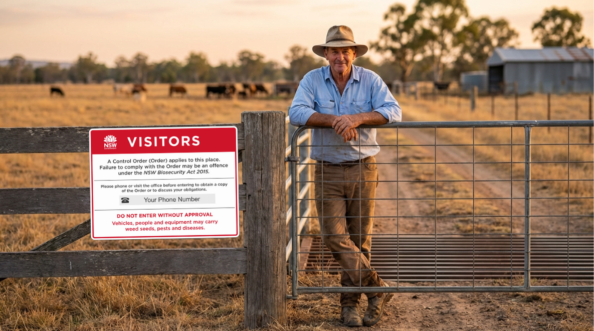 Australian farmer at farm gate with NSW biosecurity visitors sign mounted on fence post, cattle paddock in background