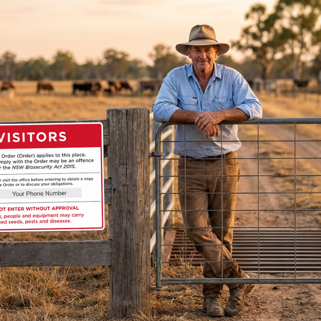 Australian farmer at farm gate with NSW biosecurity visitors sign mounted on fence post, cattle paddock in background