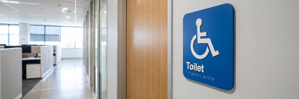 Blue braille and tactile Toilet sign with accessible pictogram mounted beside a door on a commercial wall