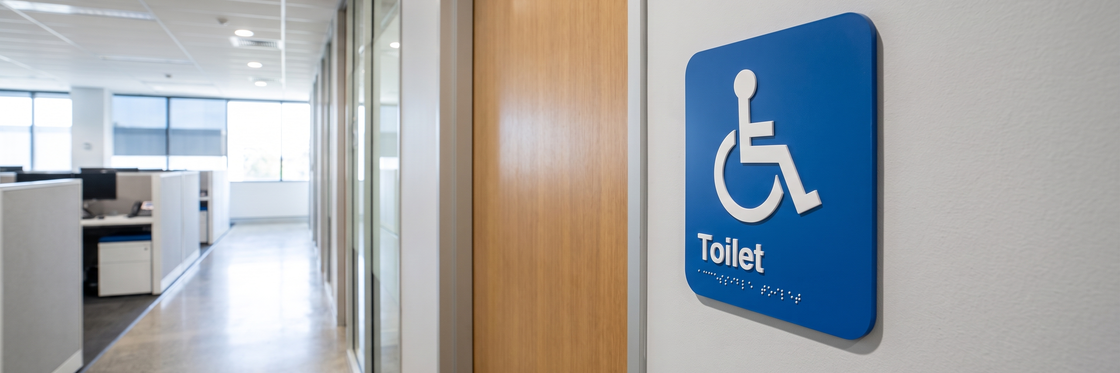 Blue braille and tactile Toilet sign with accessible pictogram mounted beside a door on a commercial wall