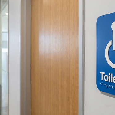 Blue braille and tactile Toilet sign with accessible pictogram mounted beside a door on a commercial wall