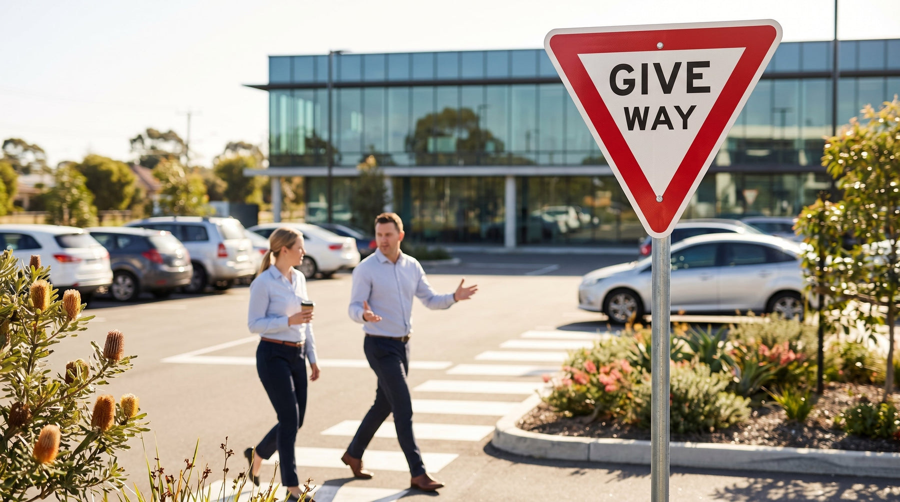 Australian commercial car park with speed limit, give way and pedestrian traffic signs