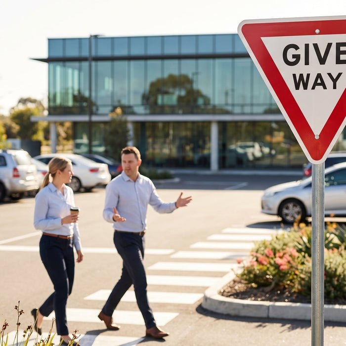 Australian commercial car park with speed limit, give way and pedestrian traffic signs