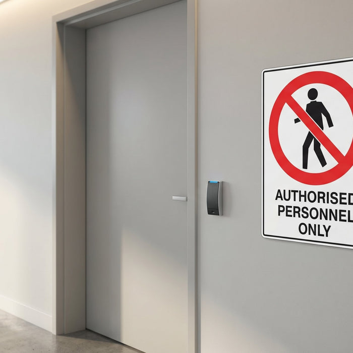 Authorised Personnel Only prohibition sign mounted beside a commercial door with card access reader in Australian workplace