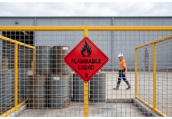 Class 3 flammable liquid dangerous goods diamond on an outdoor chemical storage cage at an Australian industrial site