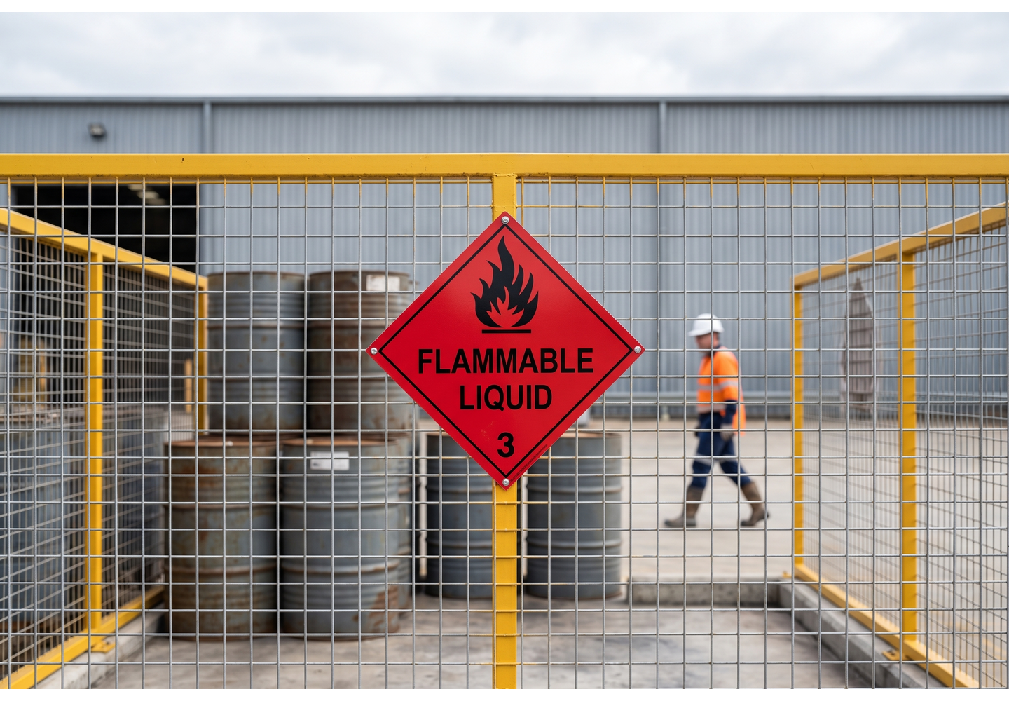 Class 3 flammable liquid dangerous goods diamond on an outdoor chemical storage cage at an Australian industrial site