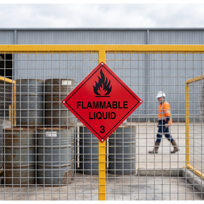 Class 3 flammable liquid dangerous goods diamond on an outdoor chemical storage cage at an Australian industrial site