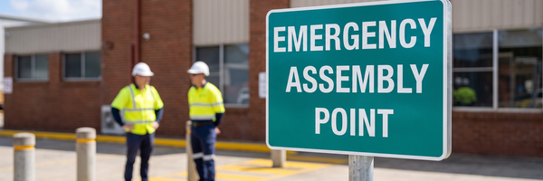 Emergency Assembly Point sign on a post outside an Australian factory, used during a site evacuation