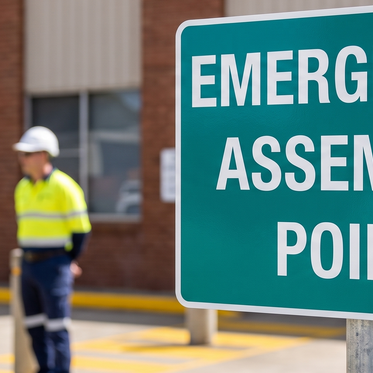 Emergency Assembly Point sign on a post outside an Australian factory, used during a site evacuation