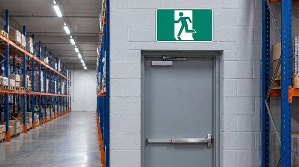 Green running man exit sign above emergency exit door in Australian workplace