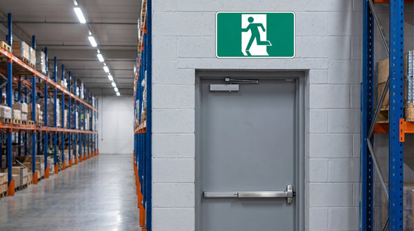 Green running man exit sign above emergency exit door in Australian workplace