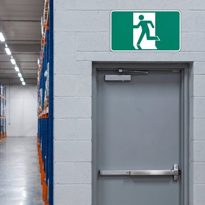 Green running man exit sign above emergency exit door in Australian workplace