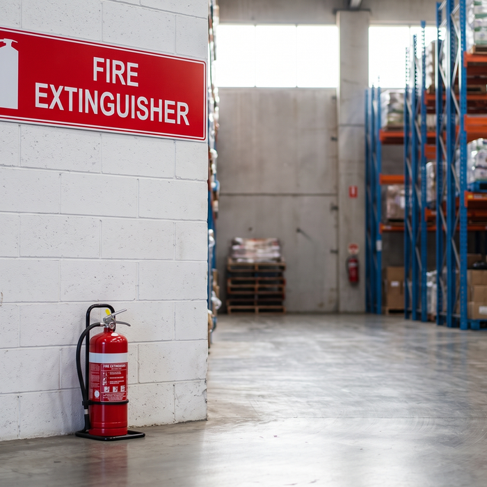Red Fire Extinguisher location sign mounted high on a warehouse wall above a floor-standing extinguisher