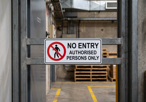 No Entry Authorised Persons Only prohibition sign at a plant room doorway in an Australian factory