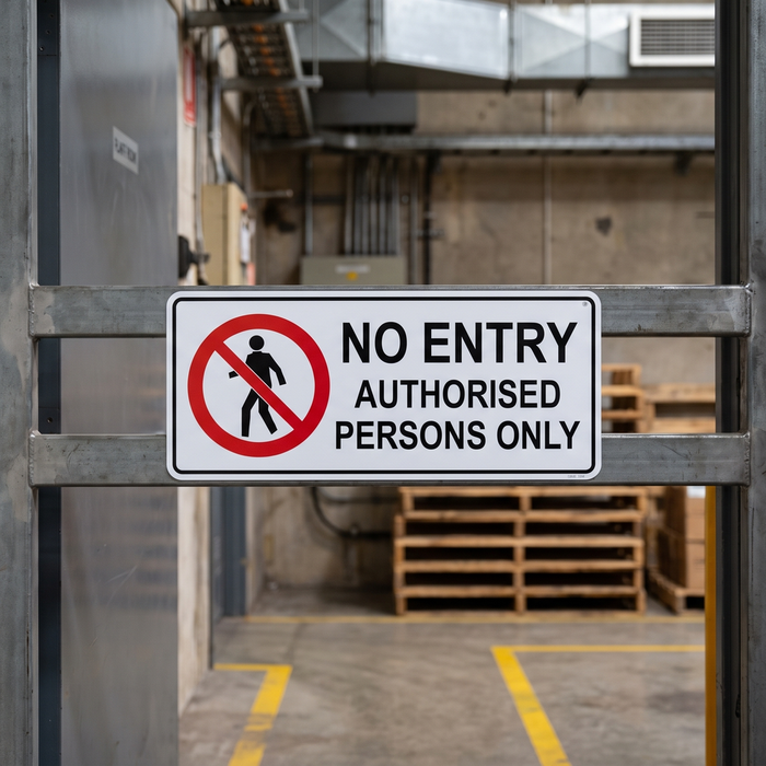 No Entry Authorised Persons Only prohibition sign at a plant room doorway in an Australian factory
