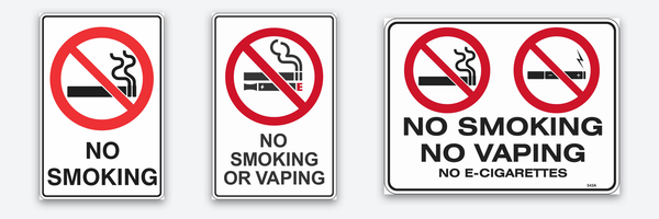Three Safety Signs prohibition signs side by side: No Smoking, No Smoking Or Vaping, and No Smoking No Vaping No E-Cigarettes.