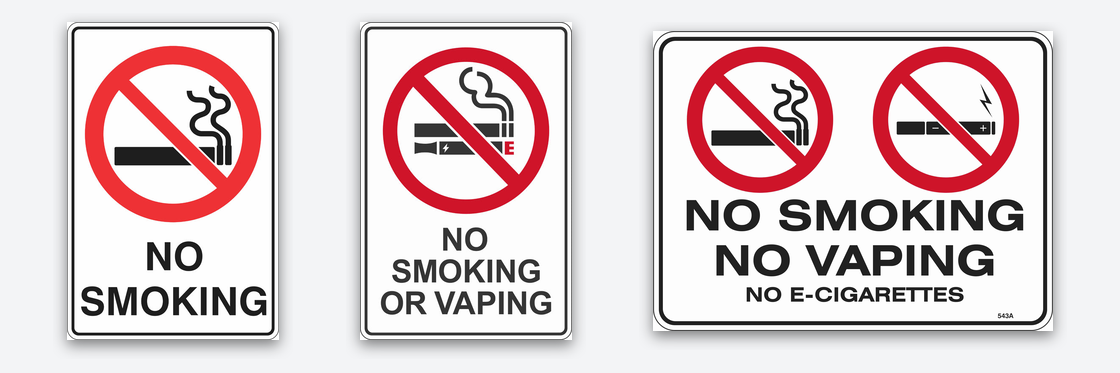 Three Safety Signs prohibition signs side by side: No Smoking, No Smoking Or Vaping, and No Smoking No Vaping No E-Cigarettes.