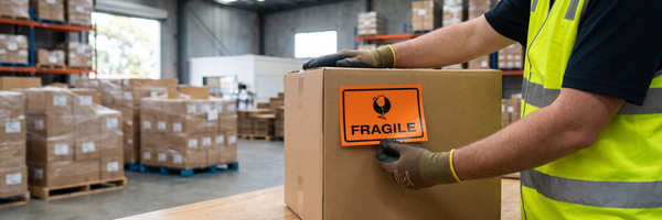 Warehouse worker applying an orange FRAGILE packaging label to a carton in a despatch area