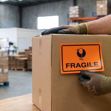 Warehouse worker applying an orange FRAGILE packaging label to a carton in a despatch area